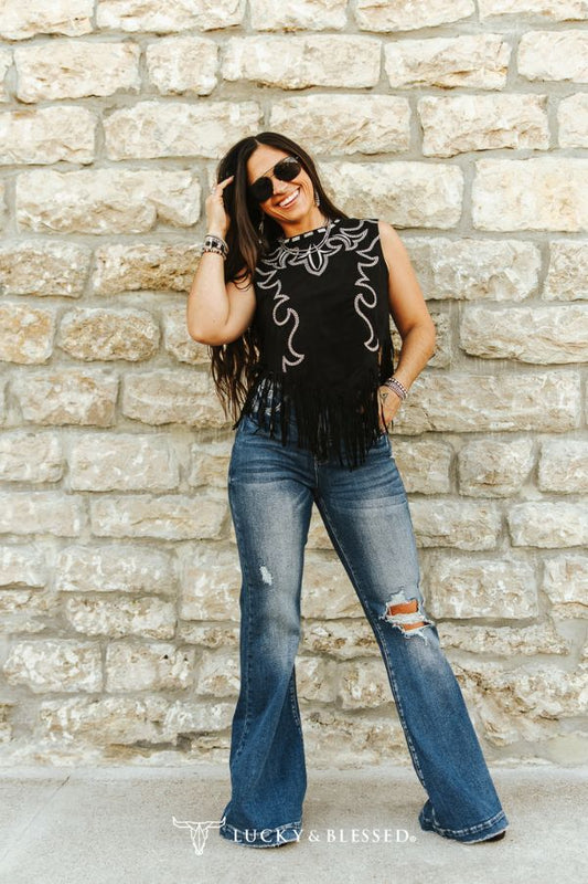 Black Suede Boot-stitch Embroidered Tank Fringe Hem