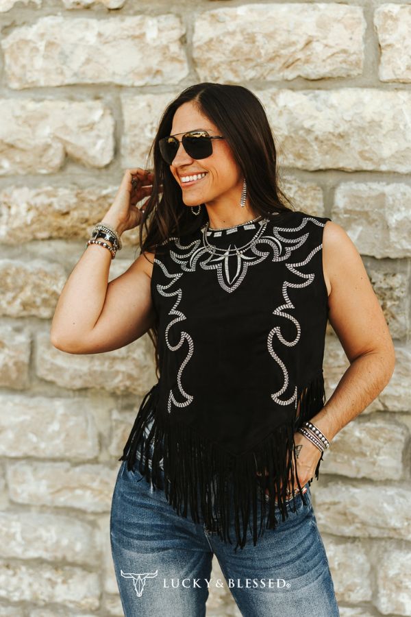 Black Suede Boot-stitch Embroidered Tank Fringe Hem