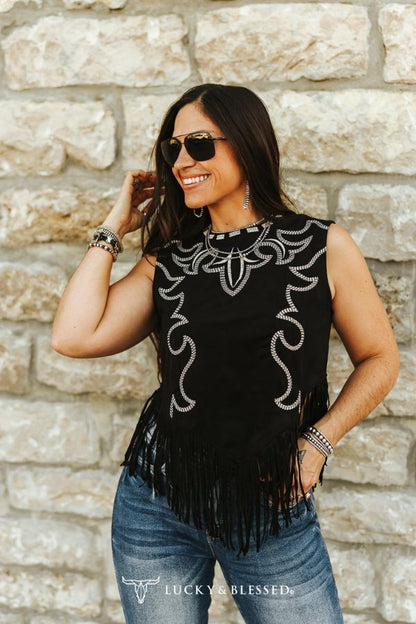 Black Suede Boot-stitch Embroidered Tank Fringe Hem