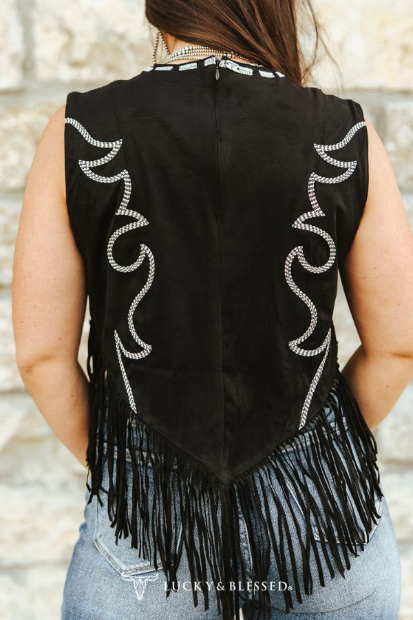 Black Suede Boot-stitch Embroidered Tank Fringe Hem