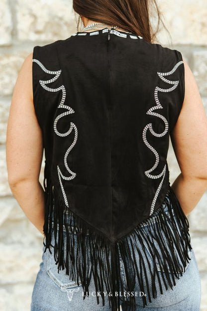 Black Suede Boot-stitch Embroidered Tank Fringe Hem