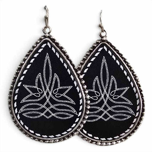 Black Boot Stitch Teardrop Earrings