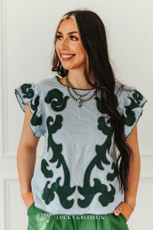 Light Blue Jade Patch Contrast Stitching Ruffle Sleeve Blouse