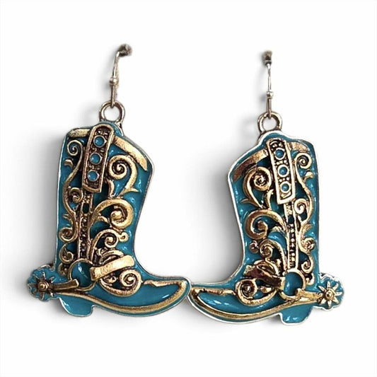 Turquoise Gold Scroll Boot Earrings