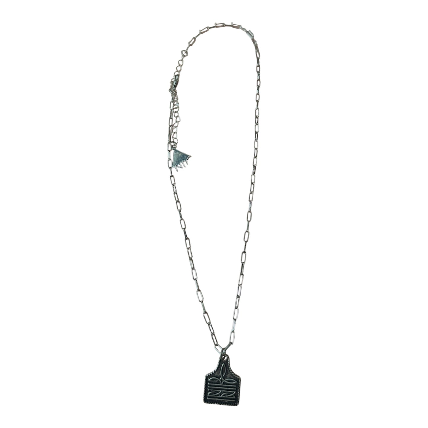 Small Silver Cow Tag Boot Stitch Necklace