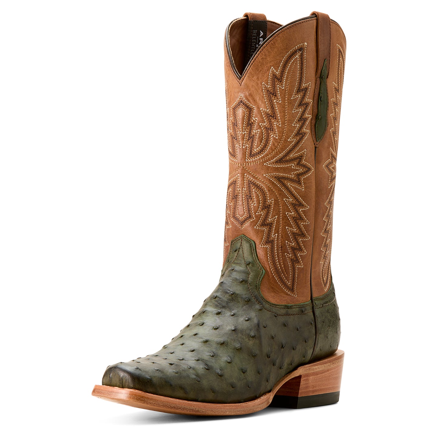ARIAT OLIVE FULL QUILL OSTRICH FURTURITY RELENTLESS BUCKLES COWBOY BOOT