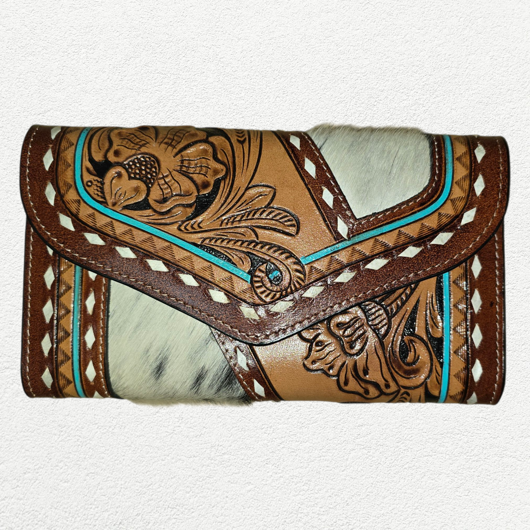 Floral Tooled Cowhide Buckshitch Turquoise Wallet