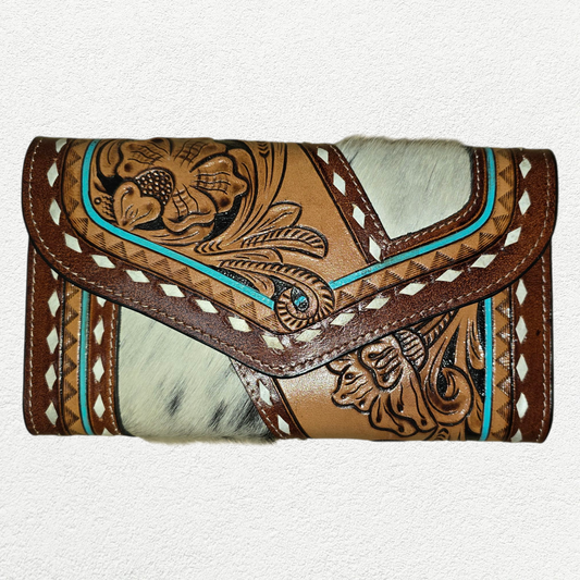 Floral Tooled Cowhide Buckshitch Turquoise Wallet