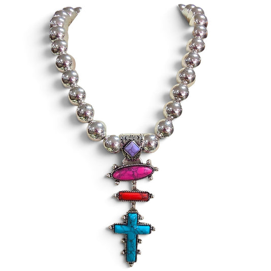 Silver Beaded Multi-Colored Cross Necklace