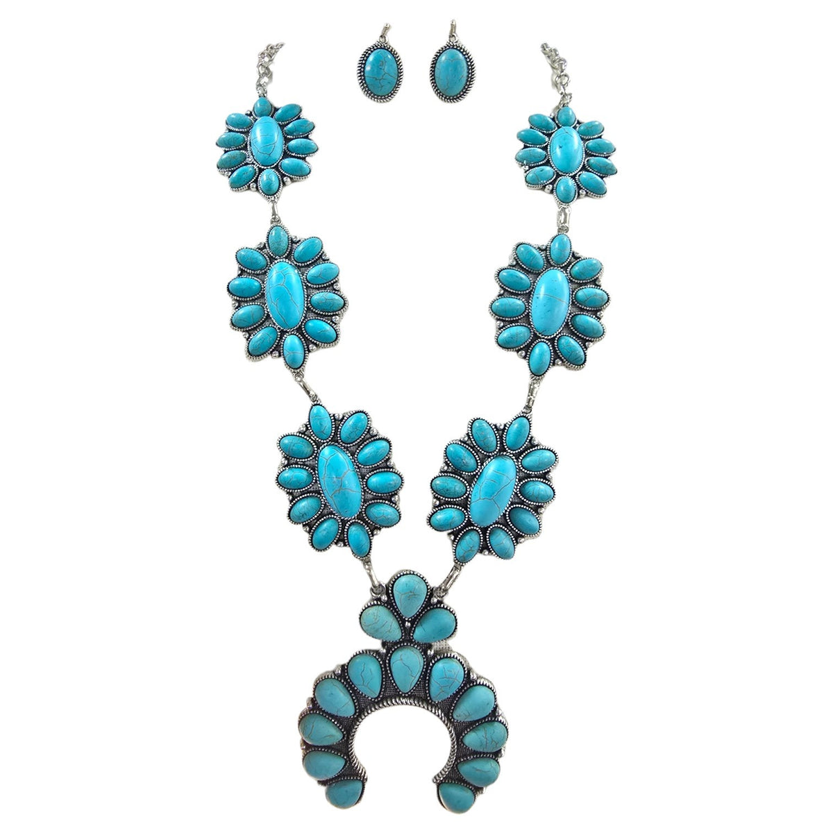 Turquoise Squash Blossom Silver Chain Jewelry Set