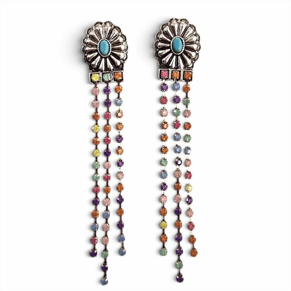 Colorful Rhinestone Turquoise Gem Concho Earrings