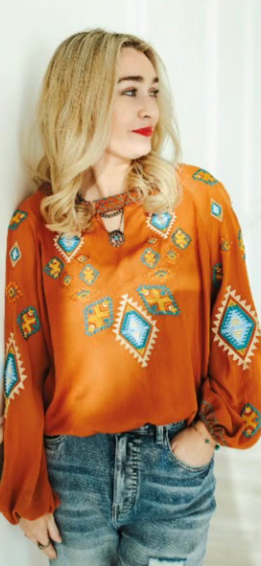 Aztec Embroidered Chiffon Keyhole Top