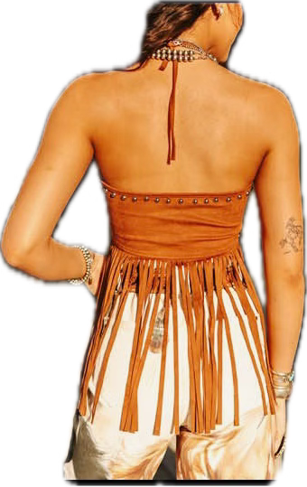 Brown Stretch Suede Halter Fringed Top With Boot Stitch Embroidery & Studs Detail