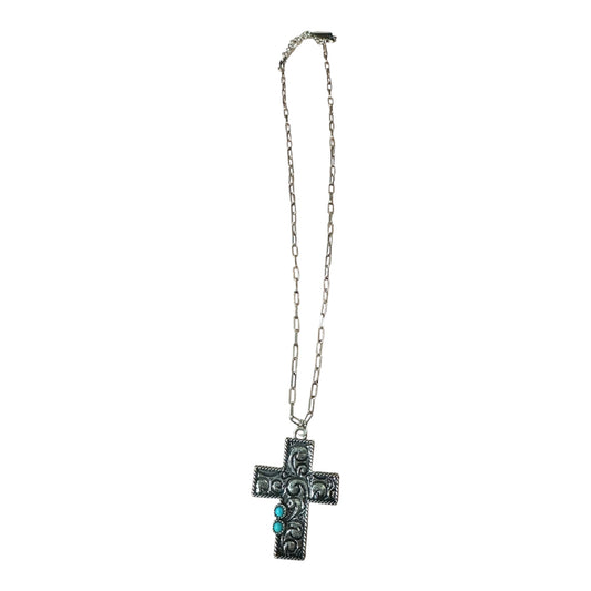 Silver Tooled Turquoise Gem Cross Necklace