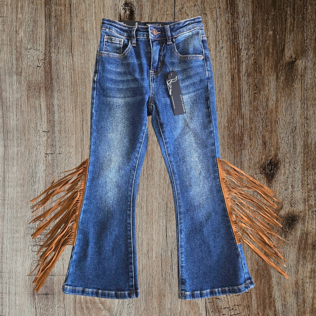 Girls Stone Wash Slim High Rise Fringe Flare Jeans