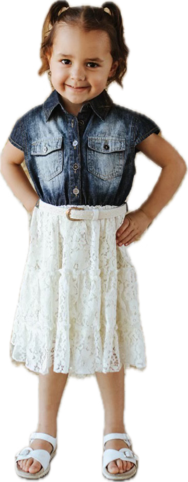 Girls Denim & Lace Tiered Dress