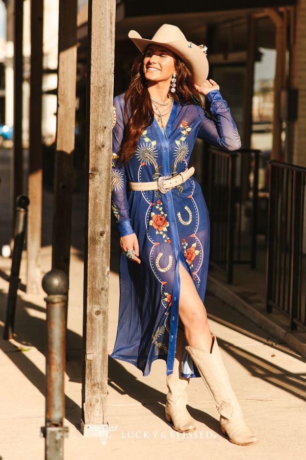 Denim Blue Horseshoe Rose Printed Mesh Button Down Maxi Duster