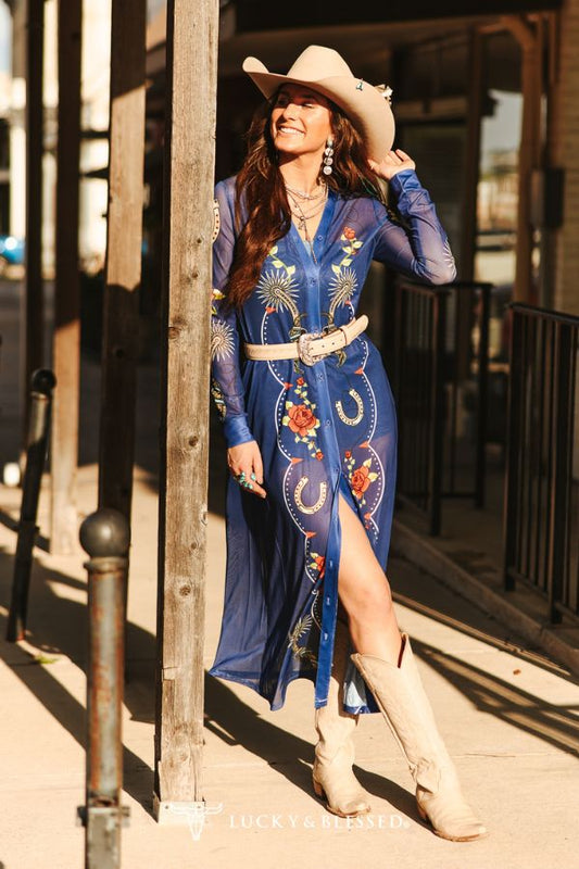 Denim Blue Horseshoe Rose Printed Mesh Button Down Maxi Duster