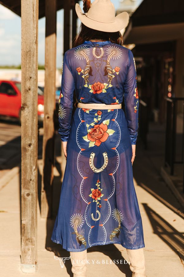 Denim Blue Horseshoe Rose Printed Mesh Button Down Maxi Duster