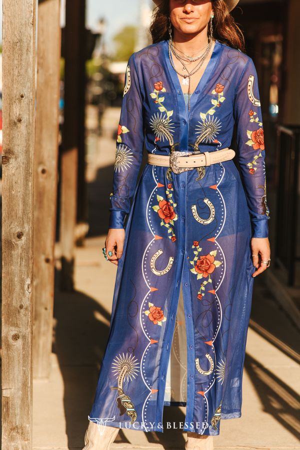 Denim Blue Horseshoe Rose Printed Mesh Button Down Maxi Duster