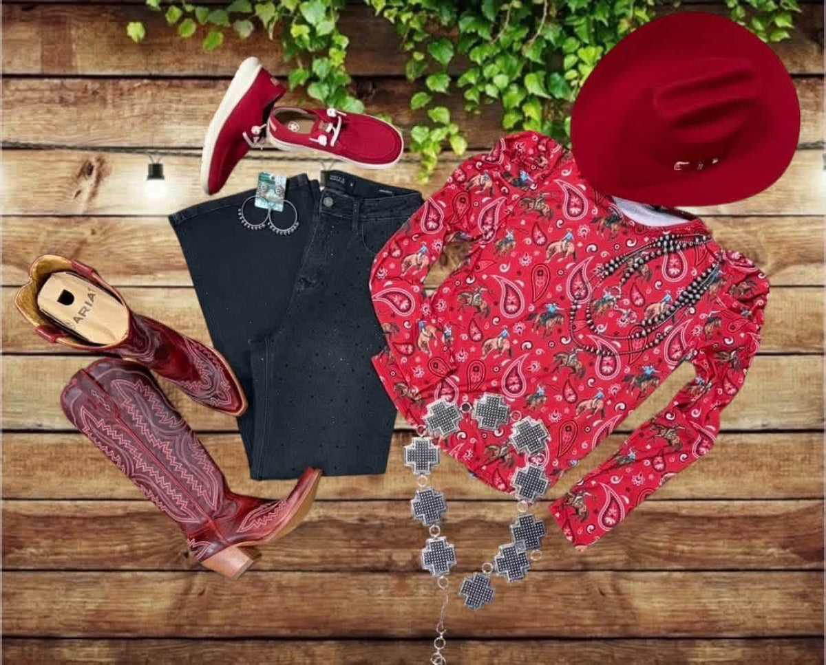 Red Paisley Cowboy Western Puff Long Sleeve Printed Top