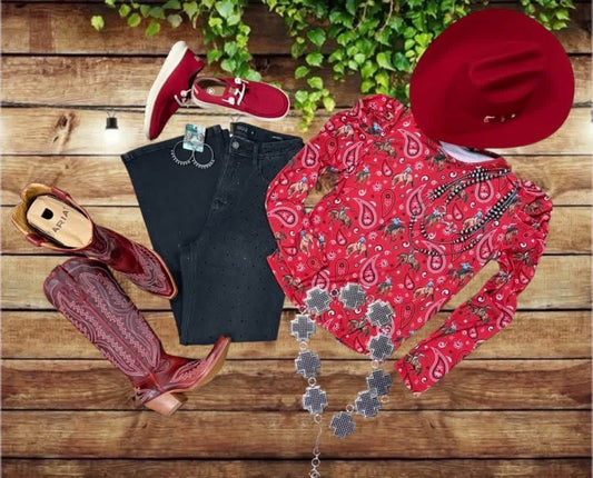 Red Paisley Cowboy Western Puff Long Sleeve Printed Top
