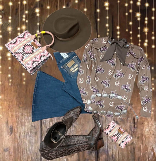 Mocha Cowboy & Horseshoe Western Yoke Print Long Sleeve Top