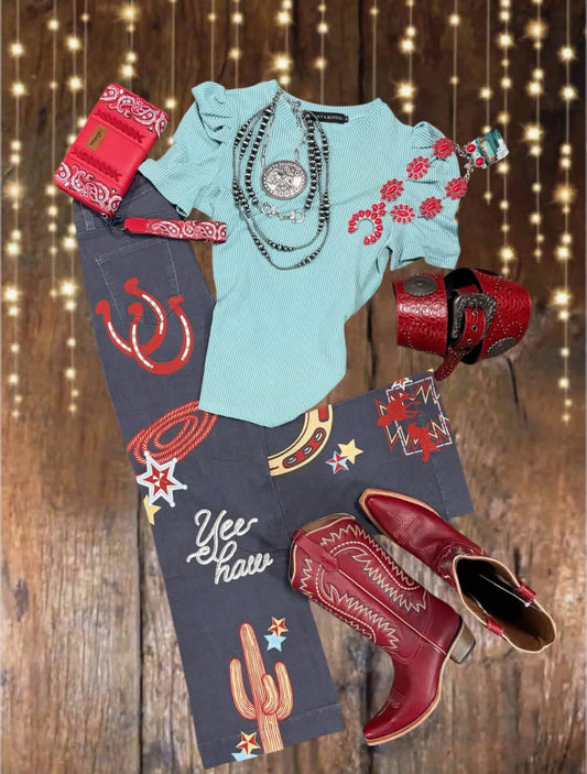 Turquoise Puff Short Sleeve Top
