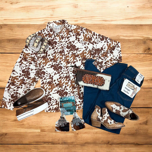 Rock & Roll Ladies Cow Print Long Sleeve Shirt