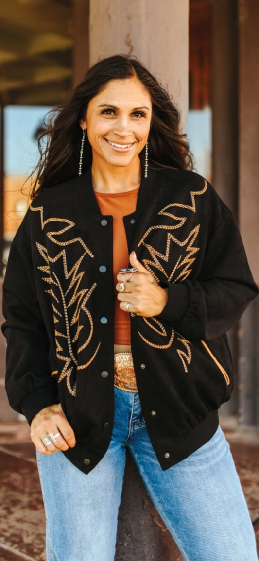Black Suede Boot Stitching Embroidery Detail Bomber Jacket