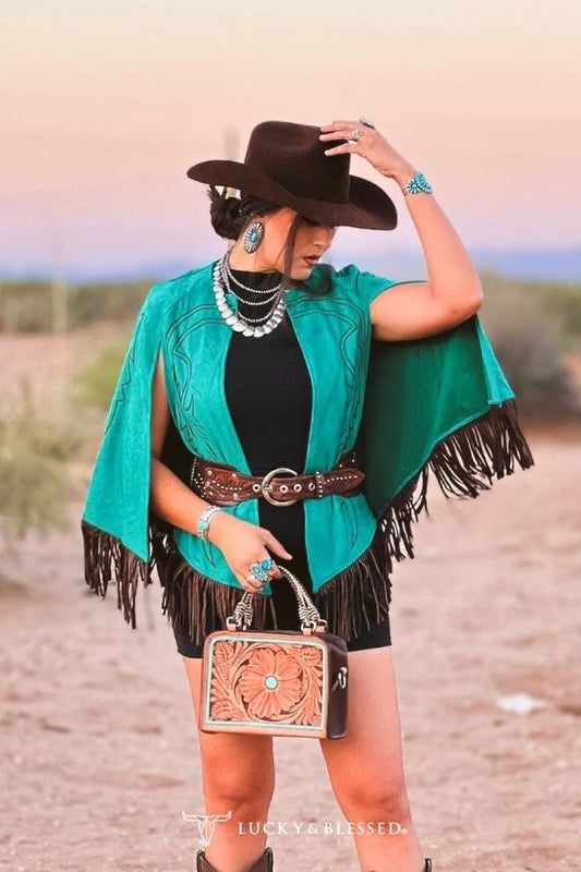 Teal Suede Boot Stitch Embroidered Fringe Suede Cape