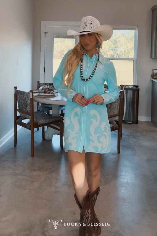 Light Blue Ivory Boot-Stitch Long Sleeve Dress