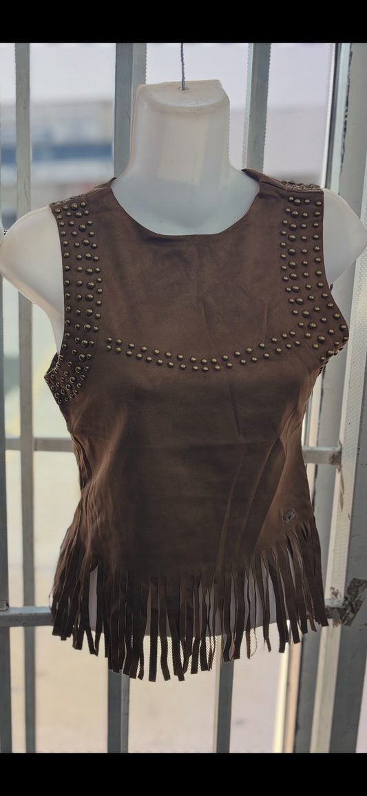 Brown Studded Fringe Hem Sleeveless Top