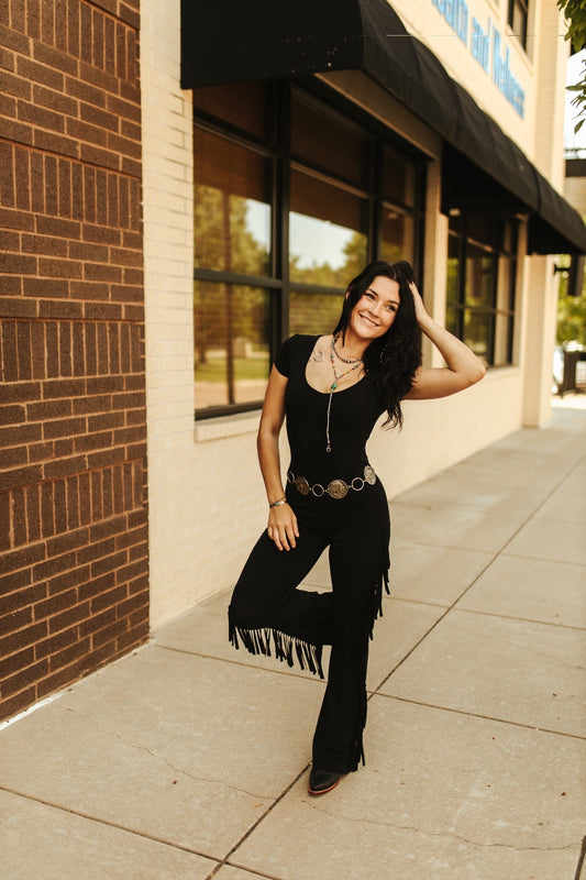 Black Solid Short Sleeve Jumpsuit With Side Fringes