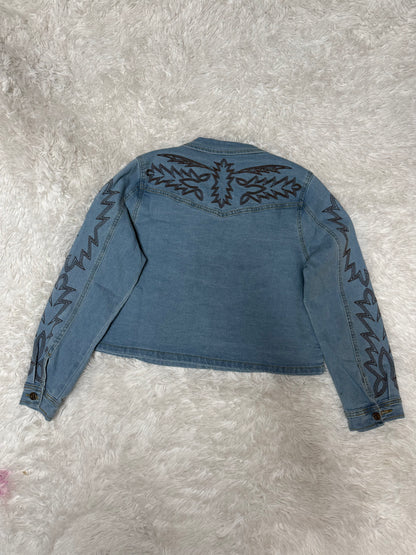 Mid Wash Denim Boot Stitch Brown Embroidery Concho Button Down Jacket