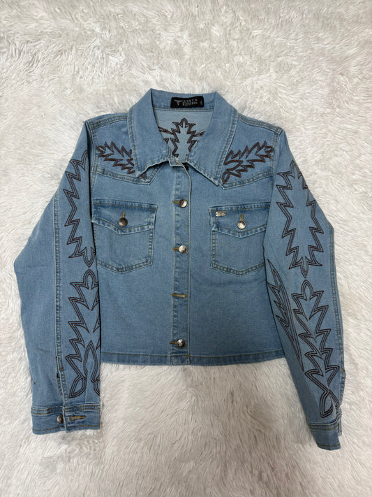 Mid Wash Denim Boot Stitch Brown Embroidery Concho Button Down Jacket