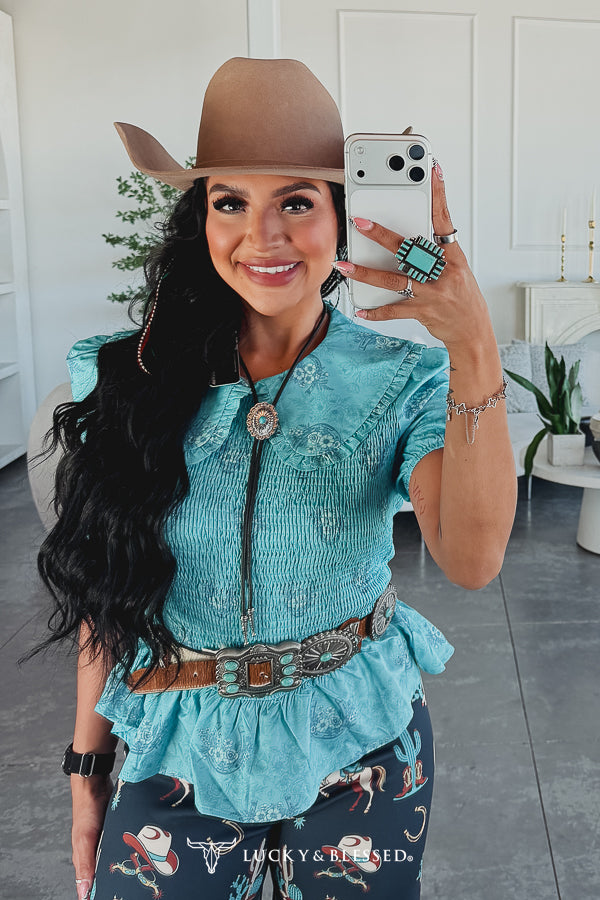 Light Blue Horseshoe Floral Print Smocked Ruffle Peplum Top