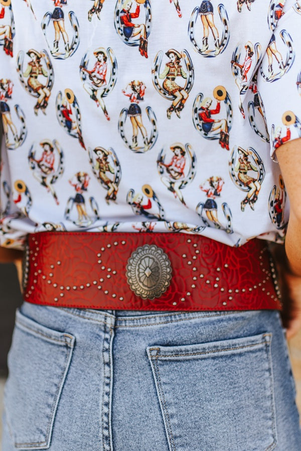 Red Tooled Genuine Leather Studded Wide Belt