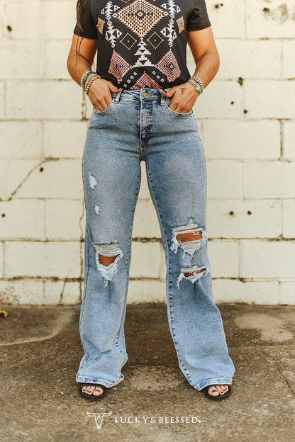 Light Stone Wash Distressed High Rise Trouser Jeans
