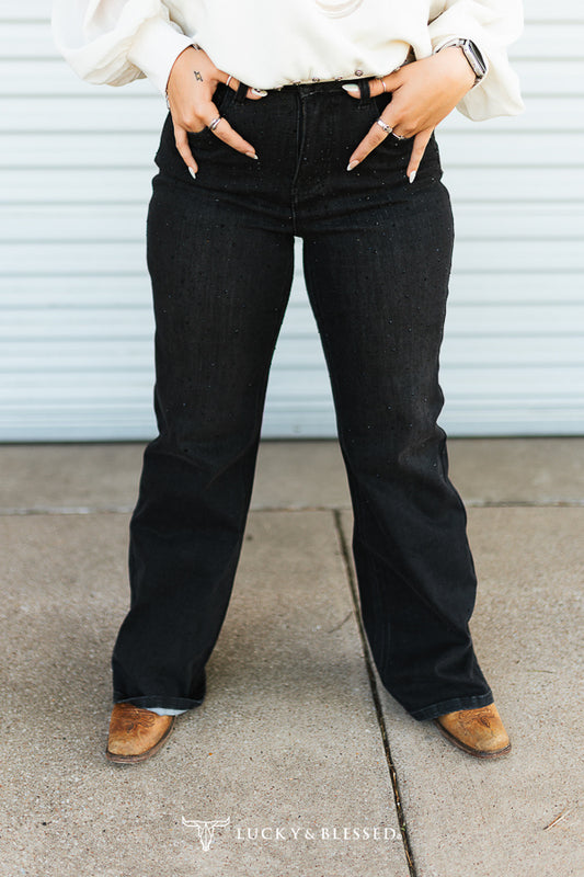 Black Wash Rhinestone Studded Mid Rise Western Flare Jeans