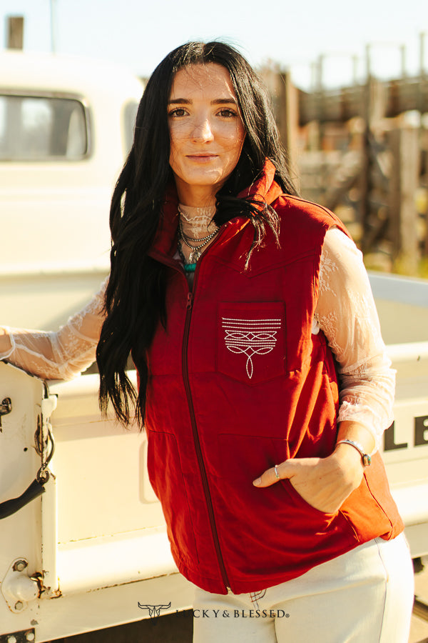 Wine Puffer Aztec Lining Boot Stitch Detail Vest