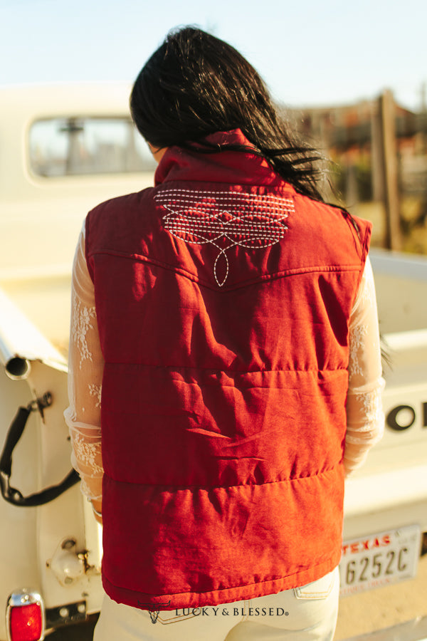 Wine Puffer Aztec Lining Boot Stitch Detail Vest