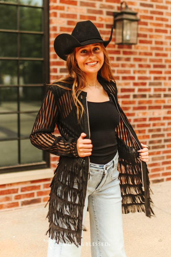 Black Mesh Tiered Suede Fringe Zip Up Shirt Dress