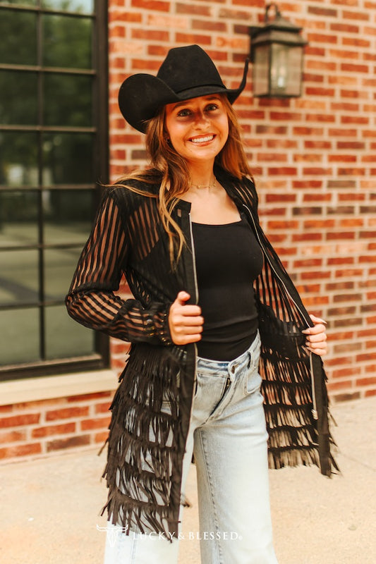 Black Mesh Tiered Suede Fringe Zip Up Shirt Dress