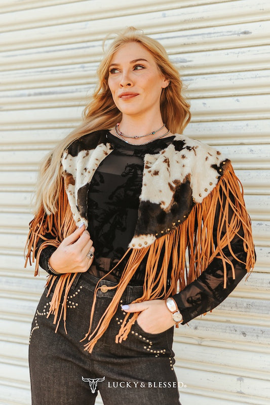 Brown Cowhide Shawl With Studded Fringe Hem