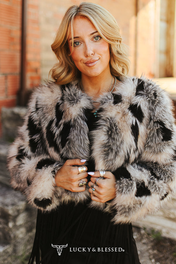 Taupe Grey Marbled Faux Fur Fringe Statement Jacket
