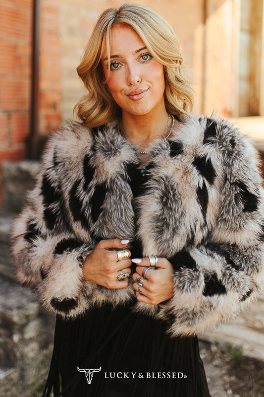 Taupe Grey Marbled Faux Fur Fringe Statement Jacket