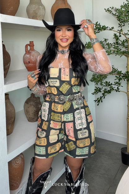 Rodeo Ticket Stamp Printed Thick Strap Romper With Side Pockets