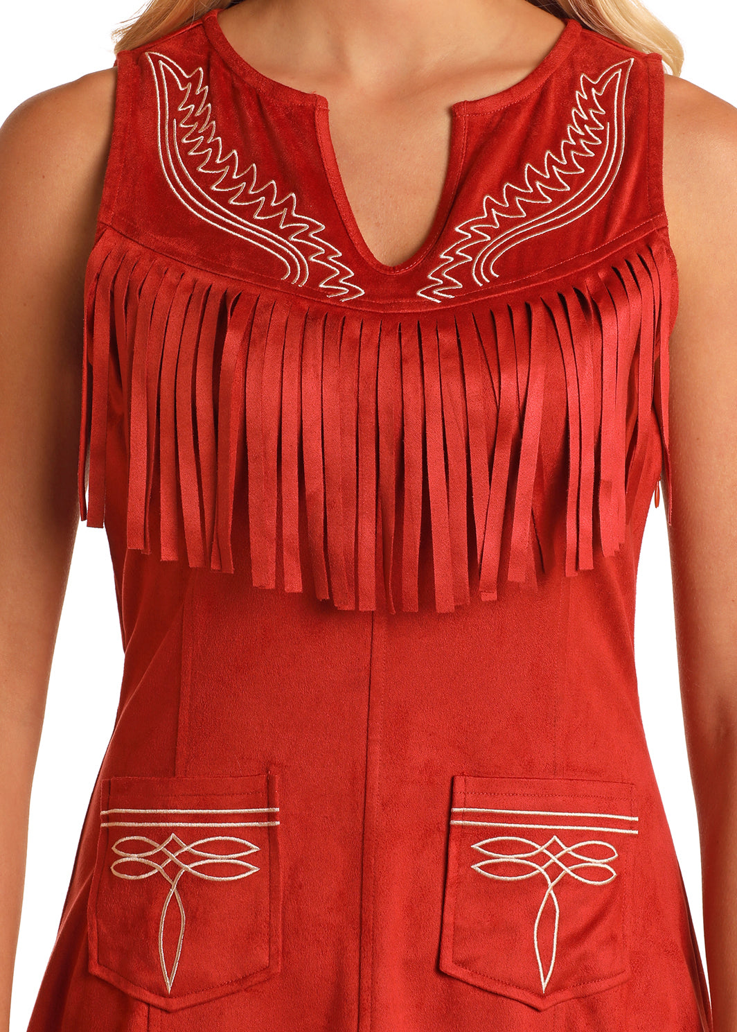 ROCK & ROLL SCARLET FRINGE SLEEVELESS SUEDE DRESS