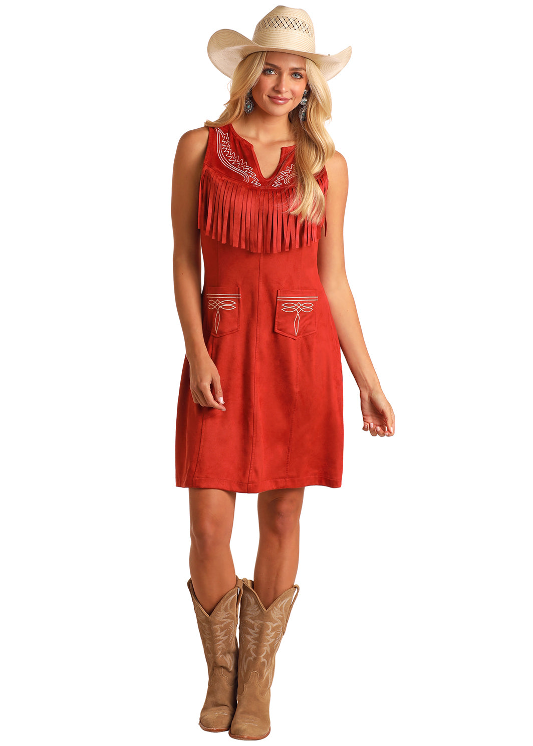 ROCK & ROLL SCARLET FRINGE SLEEVELESS SUEDE DRESS